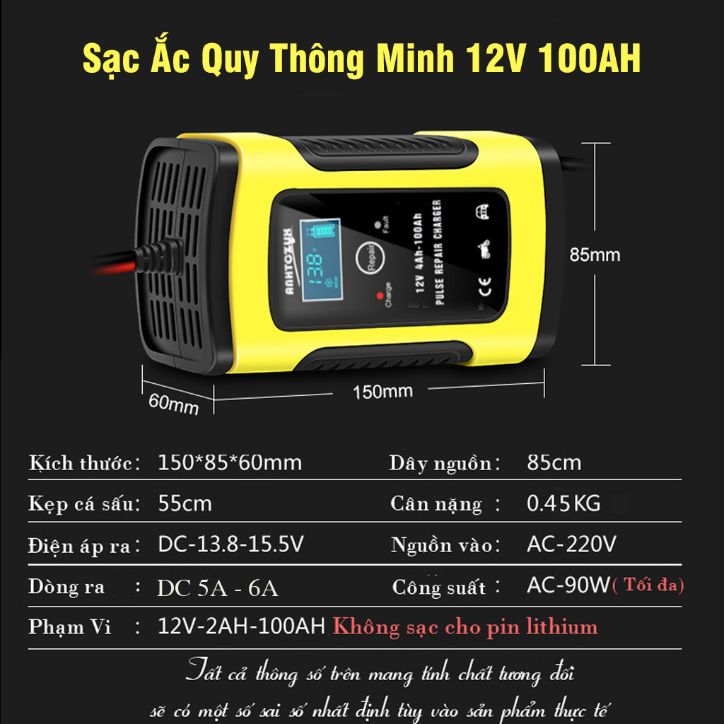 Sạc Bình Ắc Quy Foxsur Ô Tô Xe Máy 12V 100Ah